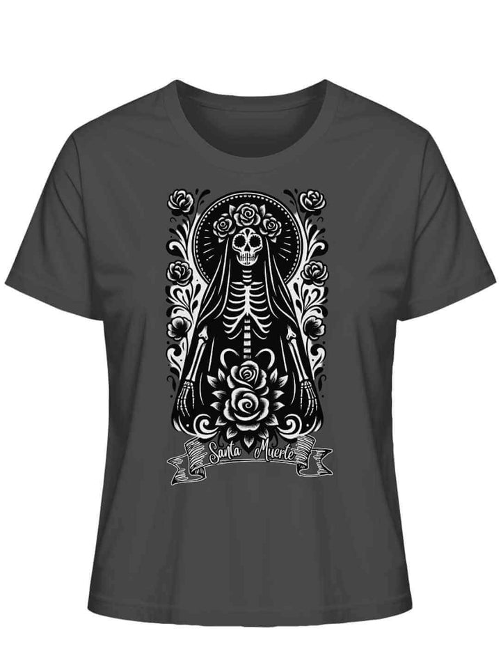 Santa Muerte Damen Shirt in Anthrazit – Bio-Baumwolle mit handgezeichnetem Design