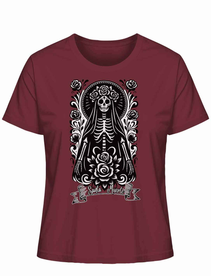 Santa Muerte Damen Shirt in Burgund – tiefrote Farbe mit weißem Print im Catrina-Stil