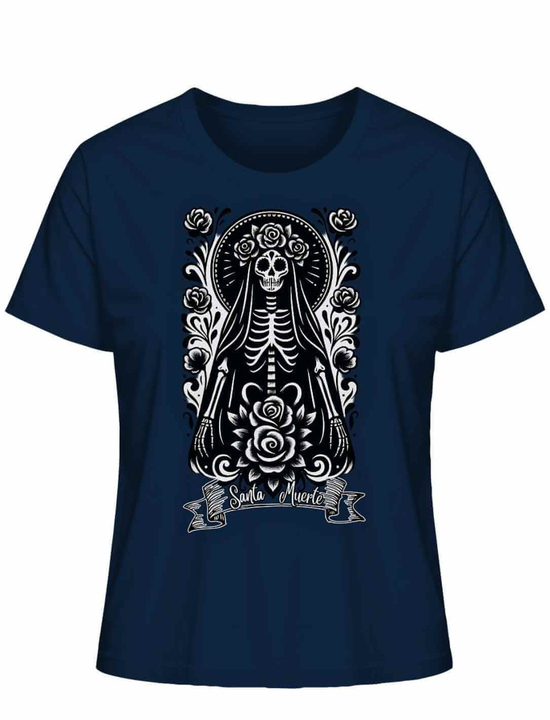 Santa Muerte Damen Shirt in French Navy – dunkles Bio-Shirt mit kontraststarkem Motiv