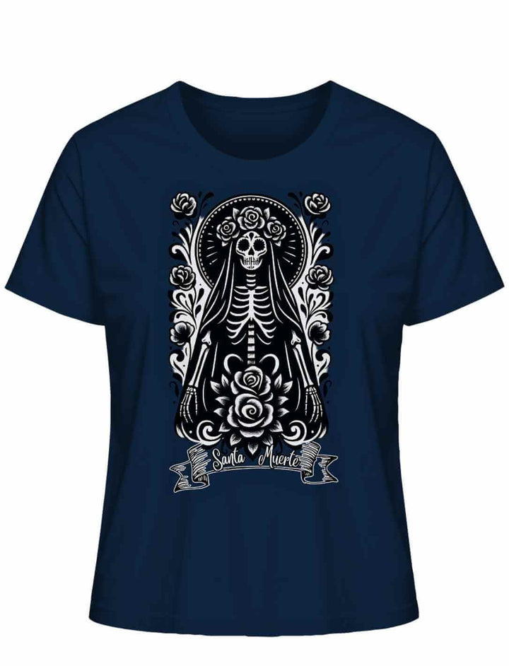 Santa Muerte Damen Shirt in French Navy – dunkles Bio-Shirt mit kontraststarkem Motiv