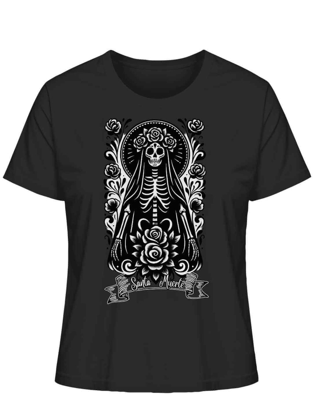 Santa Muerte Organic Damen Shirt in Schwarz – mystisches Motiv mit Skelett und Rosen