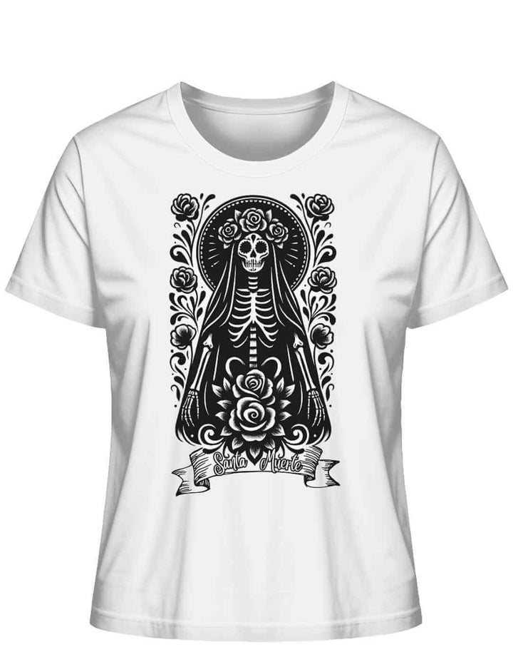 Santa Muerte Damen Shirt in Weiß – kunstvolles Día de los Muertos Design mit floralen Elementen
