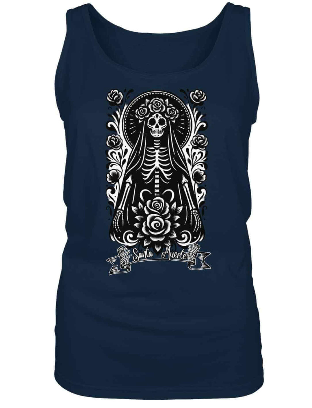 Santa Muerte Damen Tank Top in dunklem Blau mit kontraststarkem weißem Design – Runental La Catrina.