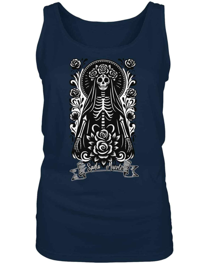 Santa Muerte Damen Tank Top in dunklem Blau mit kontraststarkem weißem Design – Runental La Catrina.
