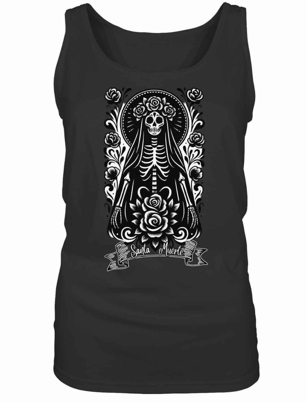 Santa Muerte Damen Tank Top in Schwarz mit weißem Druck und weiter Armausschnitt.