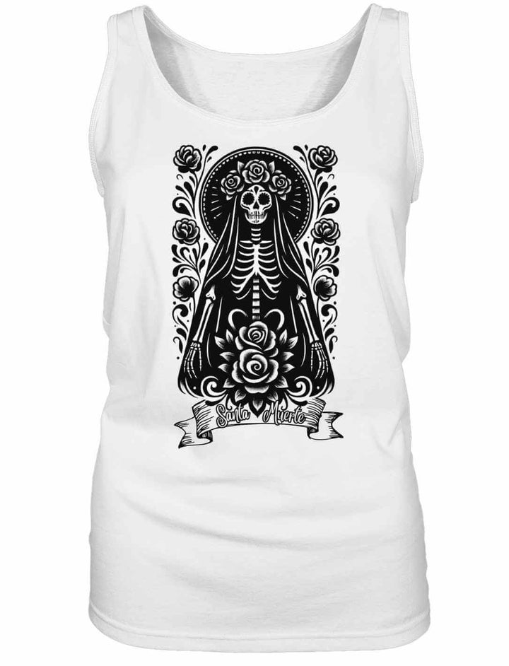 Santa Muerte Damen Tank Top in Weiß mit schwarzem Aufdruck – inspiriert vom Día de los Muertos.