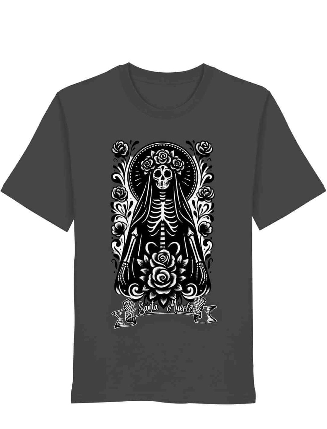 Anthrazitfarbenes Bio-Shirt mit Santa Muerte Druck – florales Skelettmotiv für Fans mexikanischer Geschichte und Traditionen.