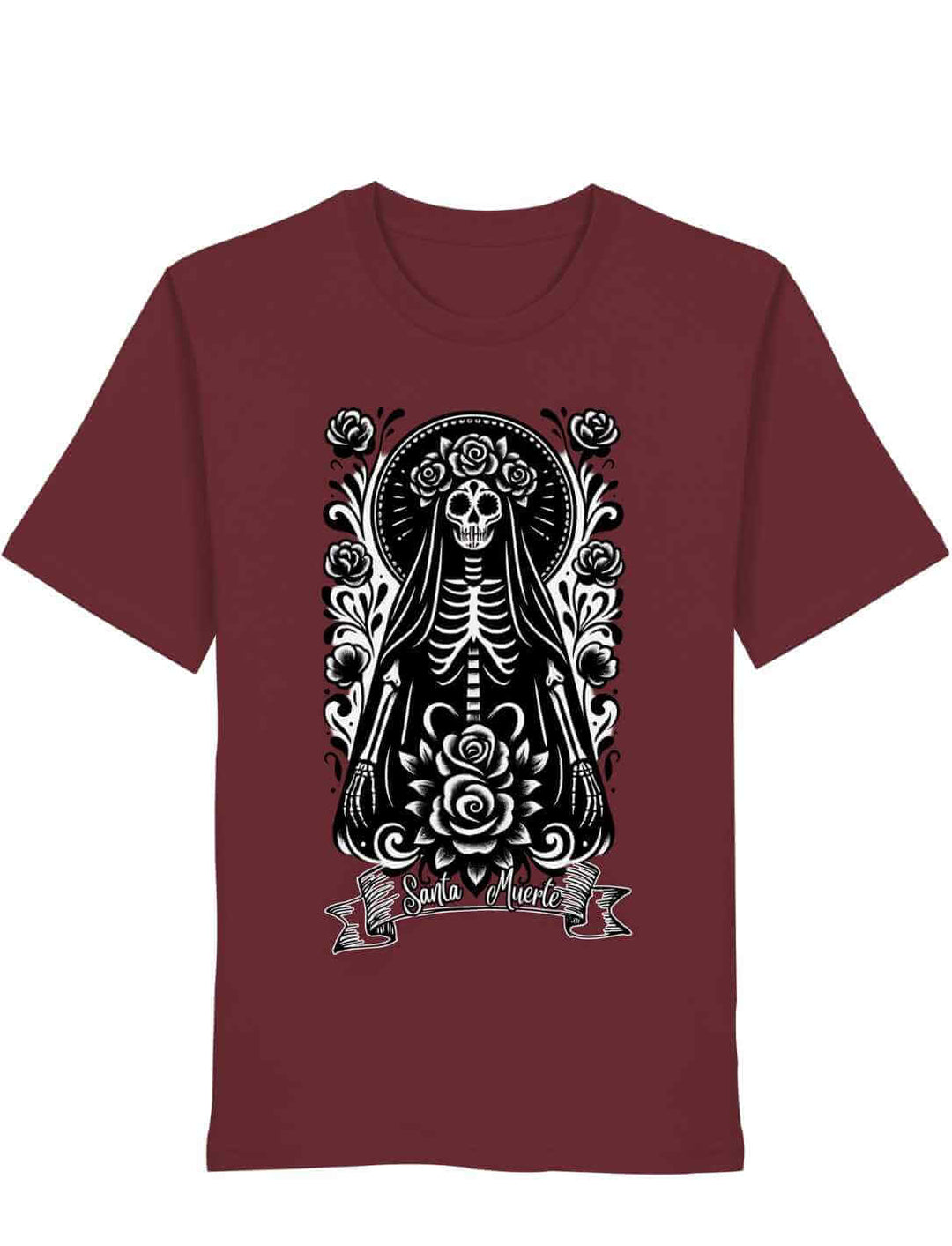 Bordeauxfarbenes Bio-T-Shirt mit Santa Muerte Design – inspiriert von mexikanischer Tradition und Symbolik