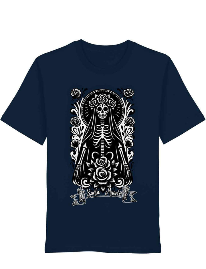 Dunkelblaues Santa Muerte T-Shirt – Organic Unisex Shirt mit weißem Print im Día de los Muertos Look