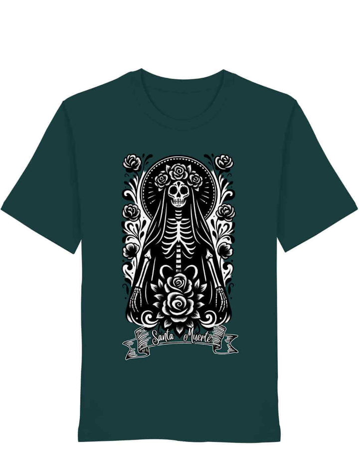 Grünes Santa Muerte Shirt mit weißem folkloristischem Motiv aus der La Catrina Collection von Runental