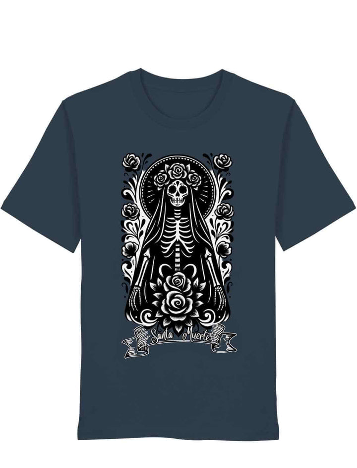 Dunkelgraues Unisex-Shirt mit Santa Muerte Print – inspiriert vom Tag der Toten, gefertigt aus Bio-Baumwolle