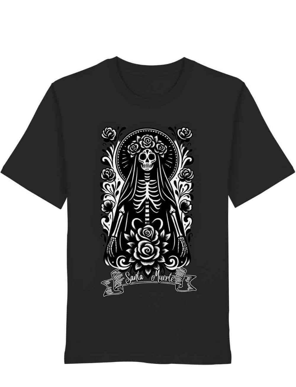 Schwarzes Santa Muerte T-Shirt aus Bio-Baumwolle mit weißem Día de los Muertos Motiv in mexikanischem Stil.