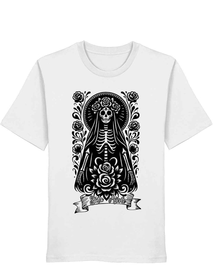 Weißes Santa Muerte T-Shirt aus Bio-Baumwolle mit schwarzem Skelett-Design und floralen Ornamenten im mexikanischen Stil
