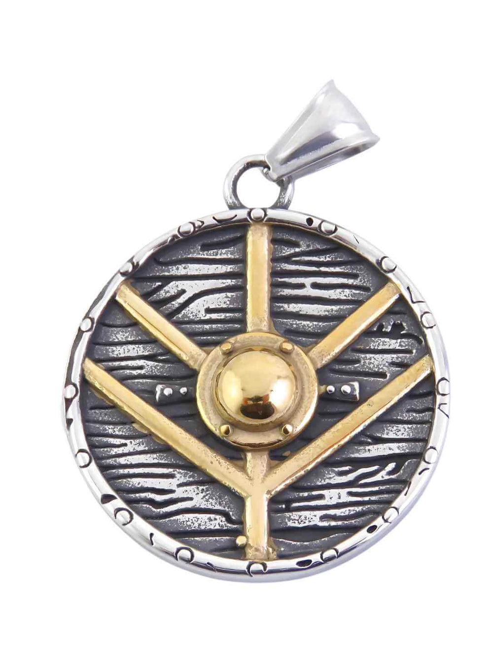 Runenverzierter Titan-Anhänger mit goldfarbener Schildform – Symbol aus der nordischen Mythologie