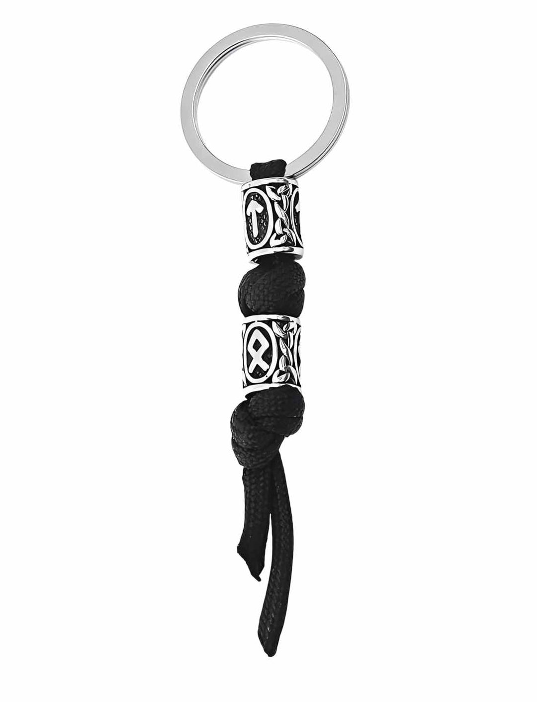 Schlüsselanhänger von Tyr – Paracord-Schlüsselanhänger mit Edelstahlelementen und Runen auf weißem Hintergrund