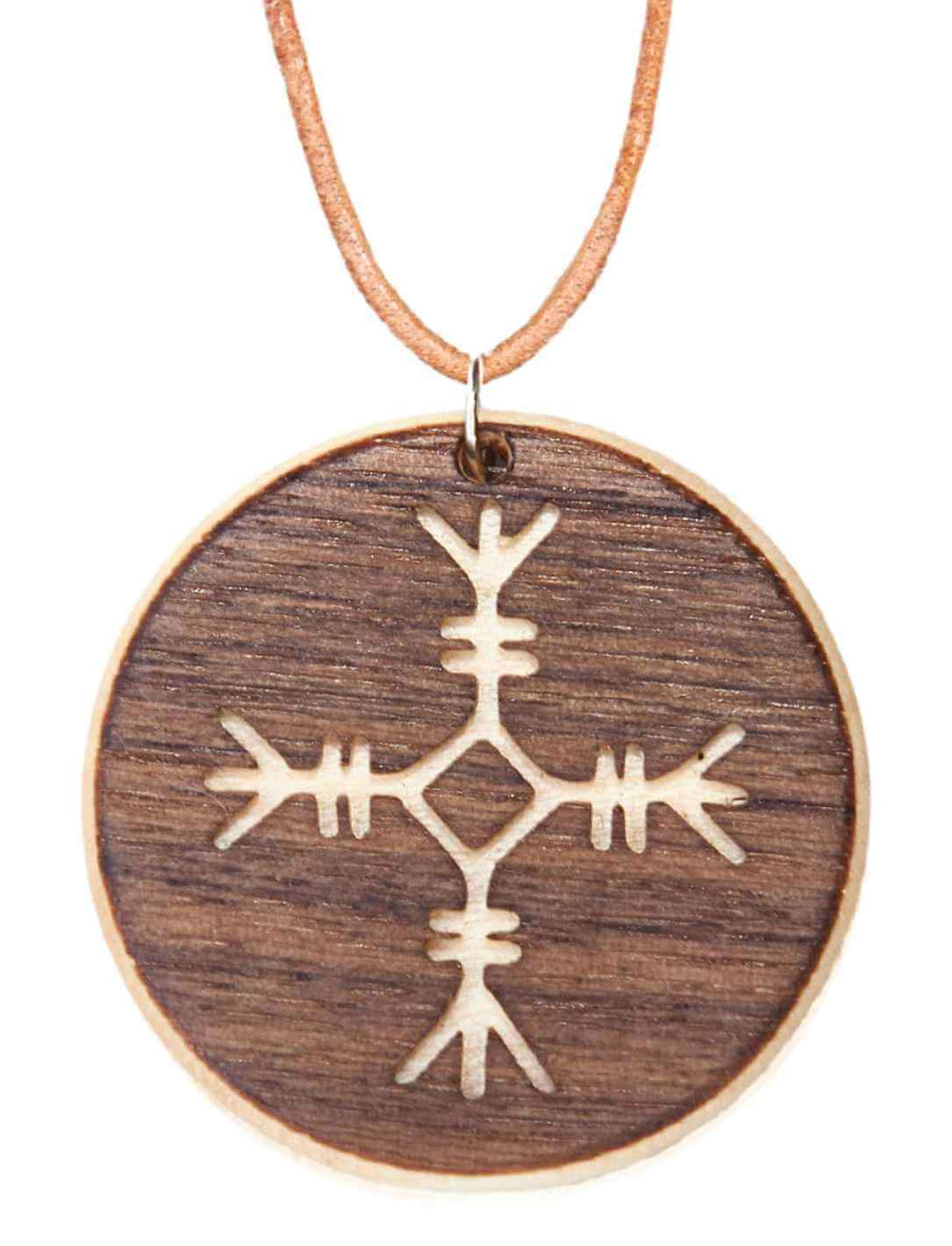 Schreckenshelm Amulett aus Holz – Handgefertigtes Schutzamulett auf weißem Hintergrund.