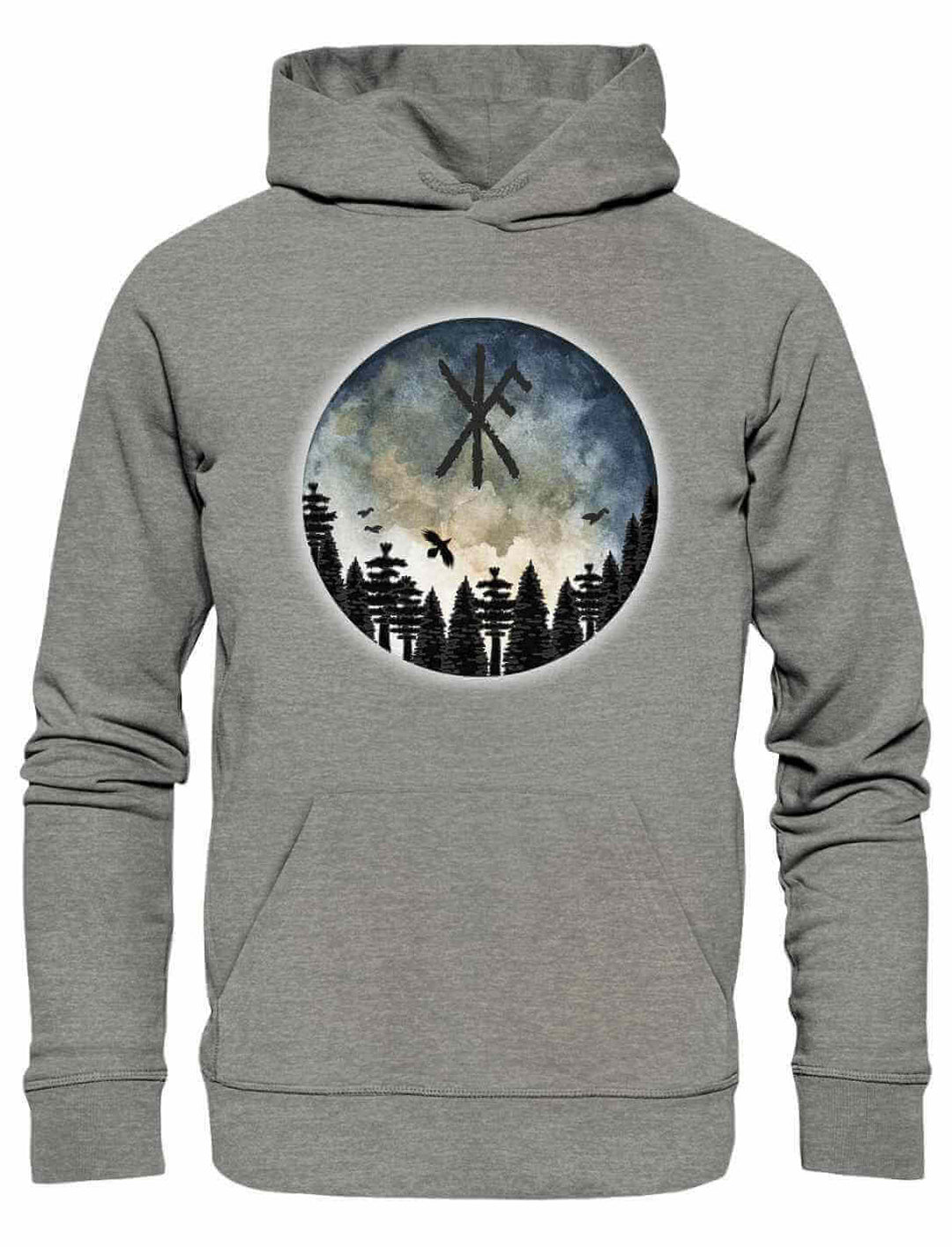 Unisex Organic Hoodie “Schutzrune der ewigen Stärke” in Heather Grey, mit Binderune, Wald und mystischem Himmel auf weißem Hintergrund.