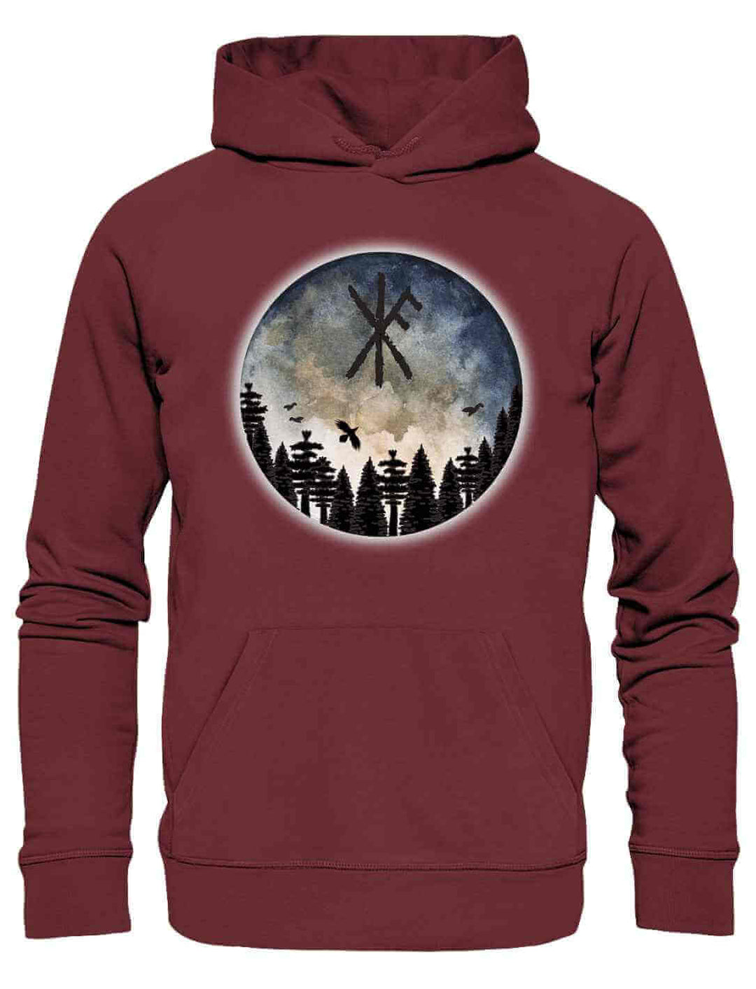 Unisex Organic Hoodie “Schutzrune der ewigen Stärke” in Burgund, mit Binderune, Wald und mystischem Himmel auf weißem Hintergrund.