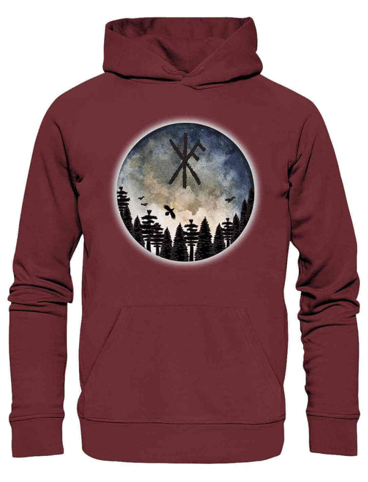 Unisex Organic Hoodie “Schutzrune der ewigen Stärke” in Burgund, mit Binderune, Wald und mystischem Himmel auf weißem Hintergrund.