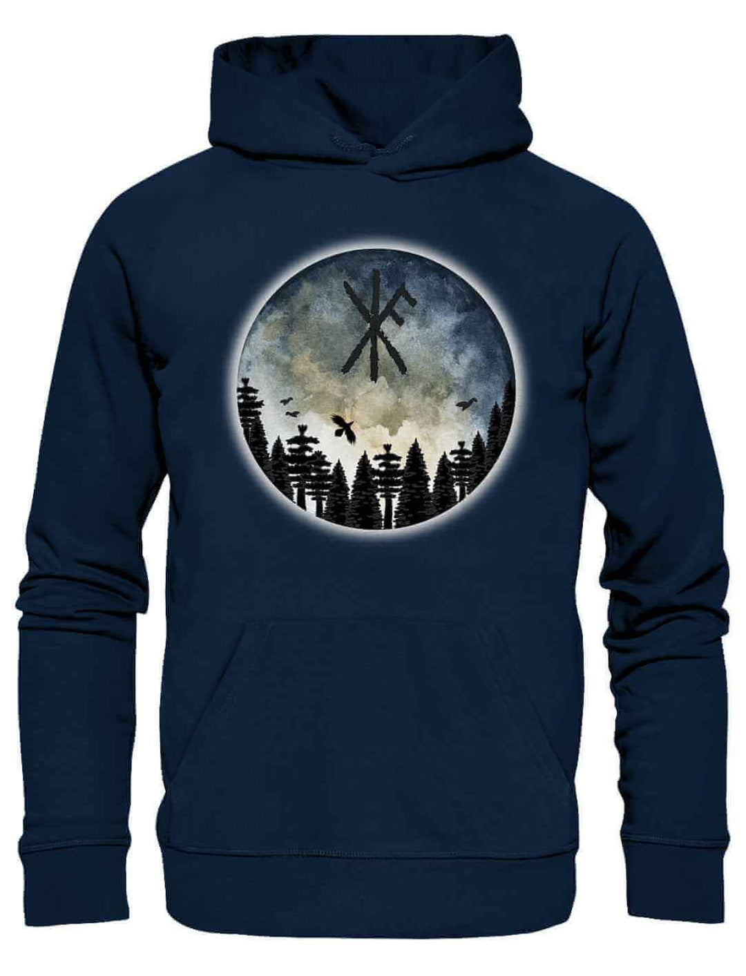 Unisex Organic Hoodie “Schutzrune der ewigen Stärke” in French Navy, mit Binderune, Wald und mystischem Himmel auf weißem Hintergrund.