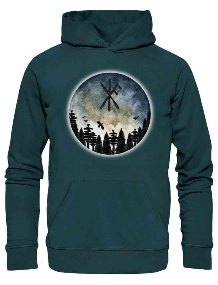 Unisex Organic Hoodie “Schutzrune der ewigen Stärke” in Glazed Green, mit Binderune, Wald und mystischem Himmel auf weißem Hintergrund.