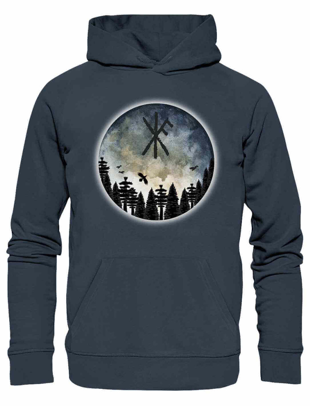 Unisex Organic Hoodie “Schutzrune der ewigen Stärke” in India Ink Grey, mit Binderune, Wald und mystischem Himmel auf weißem Hintergrund.