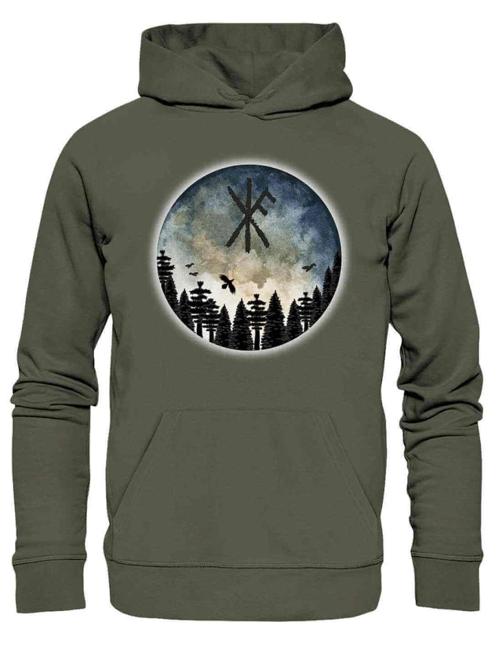 Unisex Organic Hoodie “Schutzrune der ewigen Stärke” in Khaki, mit Binderune, Wald und mystischem Himmel auf weißem Hintergrund.