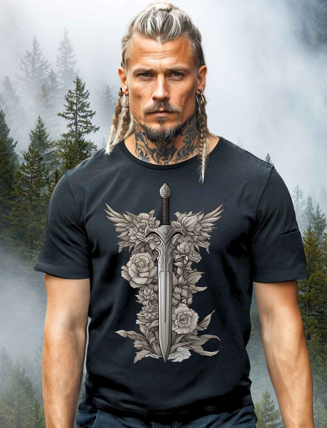 Cool aussehendes männliches Model trägt das 'Schwert des Sylvanritters' T-Shirt in Schwarz, zeigt die Passform und das Design des Bio-Baumwoll-Shirts