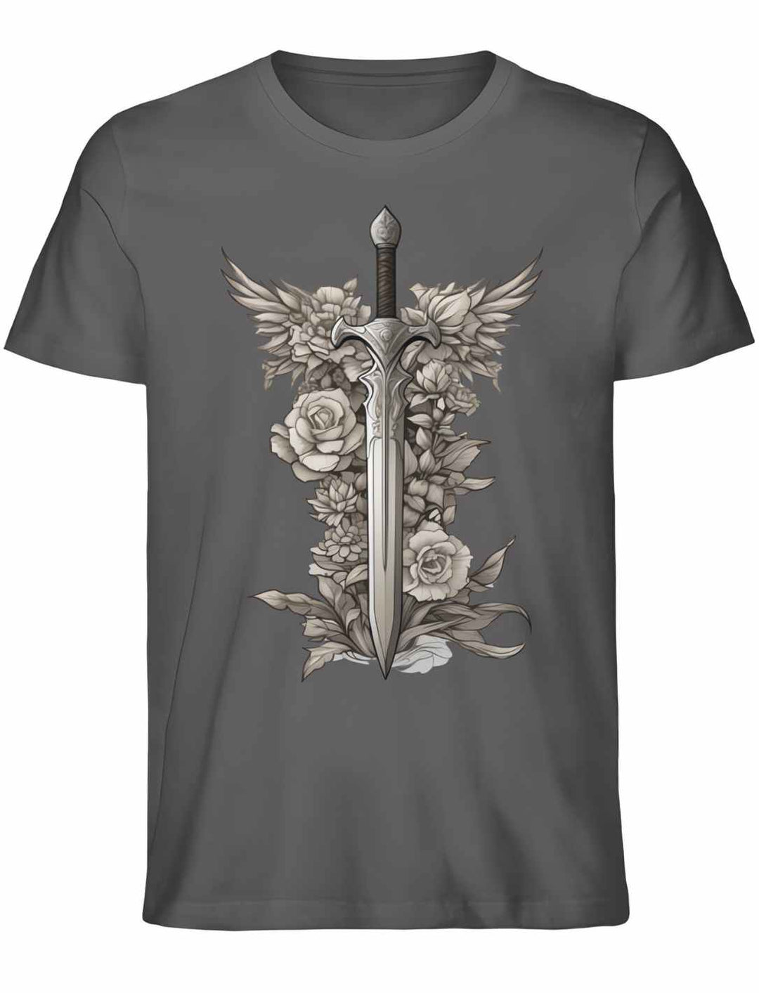 Schwert des Sylvanritters T-Shirt in Anthrazit aus Bio-Baumwolle, Unisex-Modell, mit kontrastreichem Mythos-Design