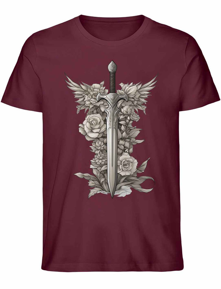 Schwert des Sylvanritters T-Shirt in Burgund aus Bio-Baumwolle, Unisex-Fit, mit mythischem Ritter- und Rosenmotiv
