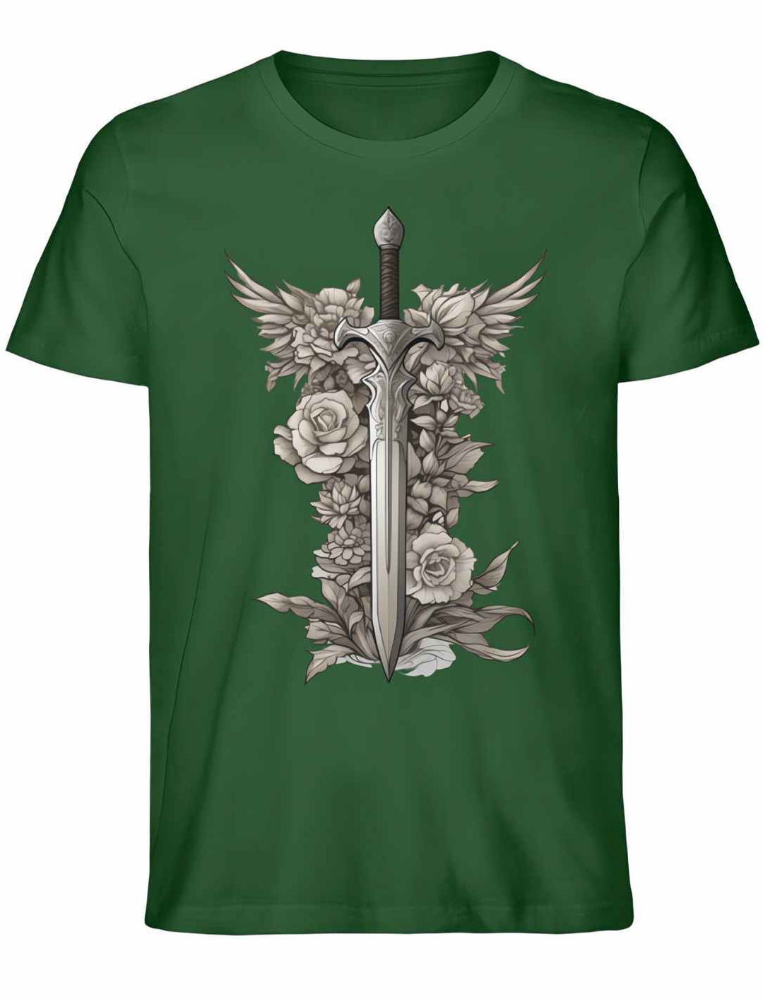 Schwert des Sylvanritters T-Shirt in Dunkelgrün aus Bio-Baumwolle, Unisex-Stil, mit grüner Schwert-Illustration