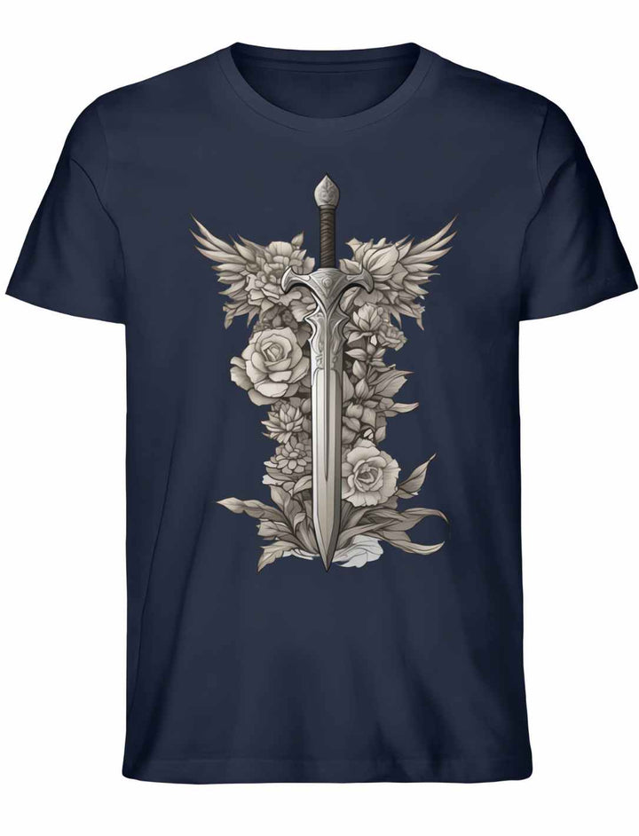 Schwert des Sylvanritters T-Shirt in French Navy aus Bio-Baumwolle, Unisex-Variante, mit dunkelblauer Ritter- und Schwertgrafik