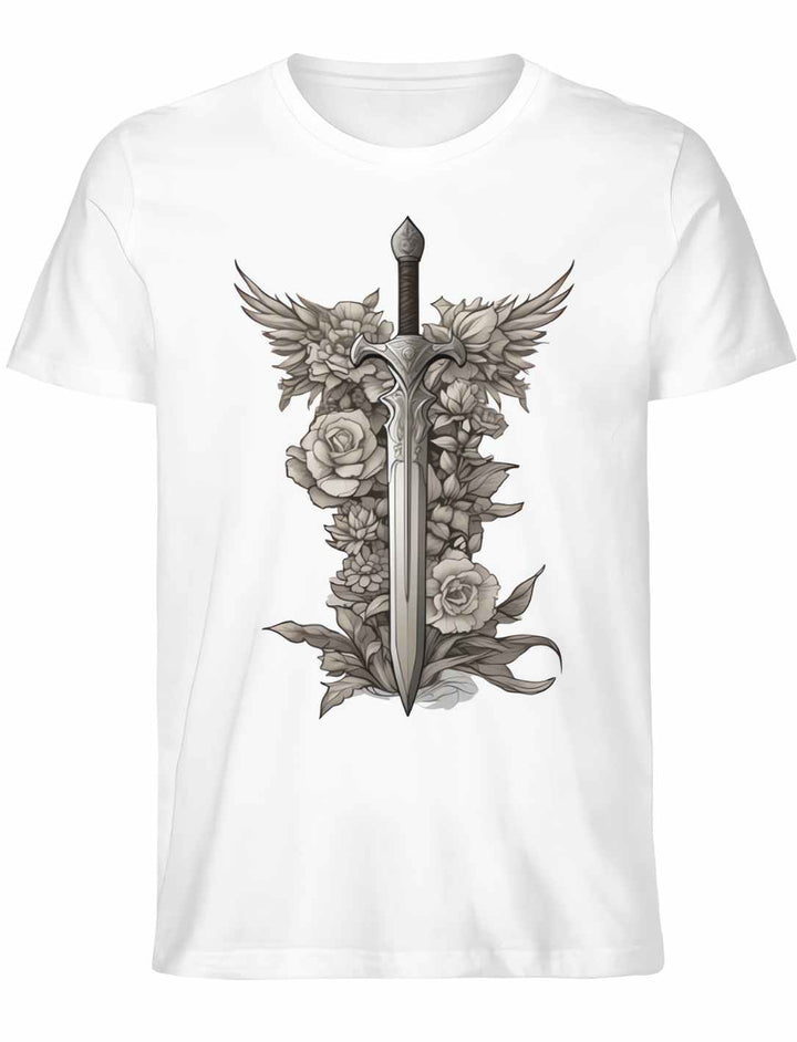 Schwert des Sylvanritters T-Shirt in Weiß aus Bio-Baumwolle, Unisex-Design, mit elegantem Schwertlegenden Design