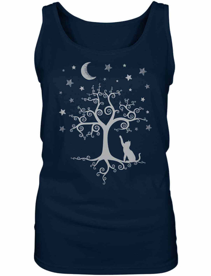 Silbermondtraum Damen Tank-Top in Navy mit magischem Lebensbaum, Sternenhimmel und mystischer Katze – inspiriert von Traumwelten.