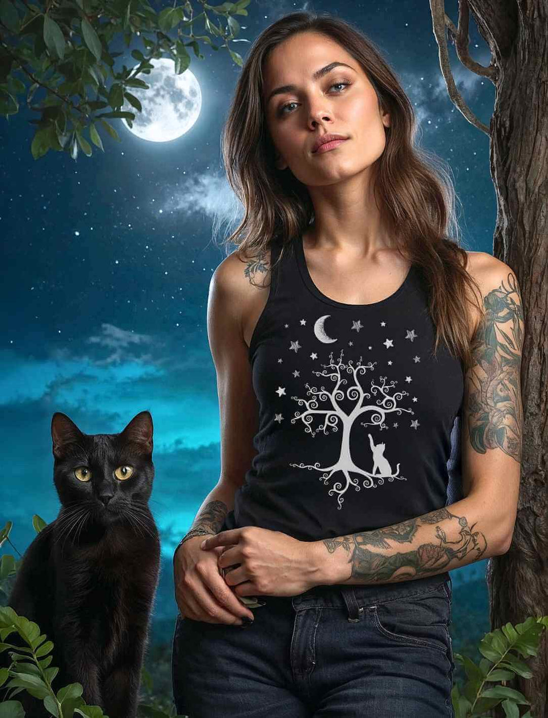 Frau trägt das Silbermondtraum Damen Tank-Top in Schwarz, begleitet von einer schwarzen Katze unter einem leuchtenden Mond.