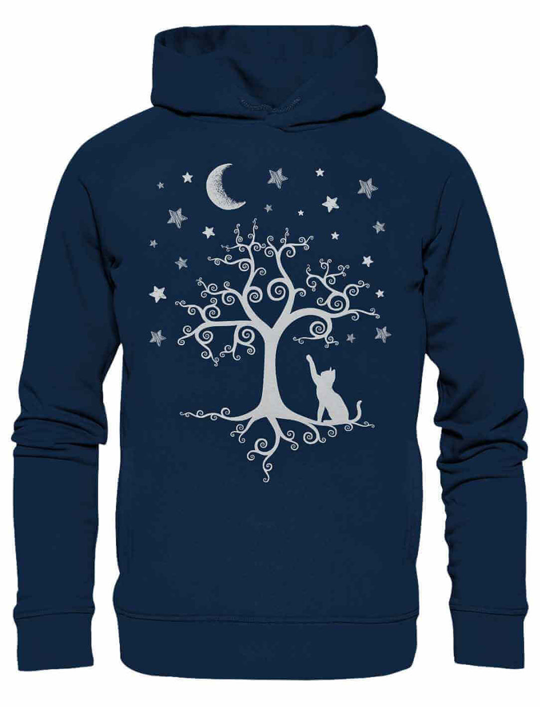 Silbermondtraum Hoodie in French Navy mit magischem Sternenhimmel-Design, fotografiert auf weißem Hintergrund.