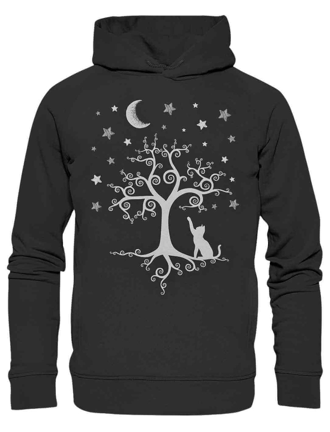 Silbermondtraum Hoodie in Schwarz mit mystischem Katzen- und Lebensbaum-Design, fotografiert auf weißem Hintergrund.