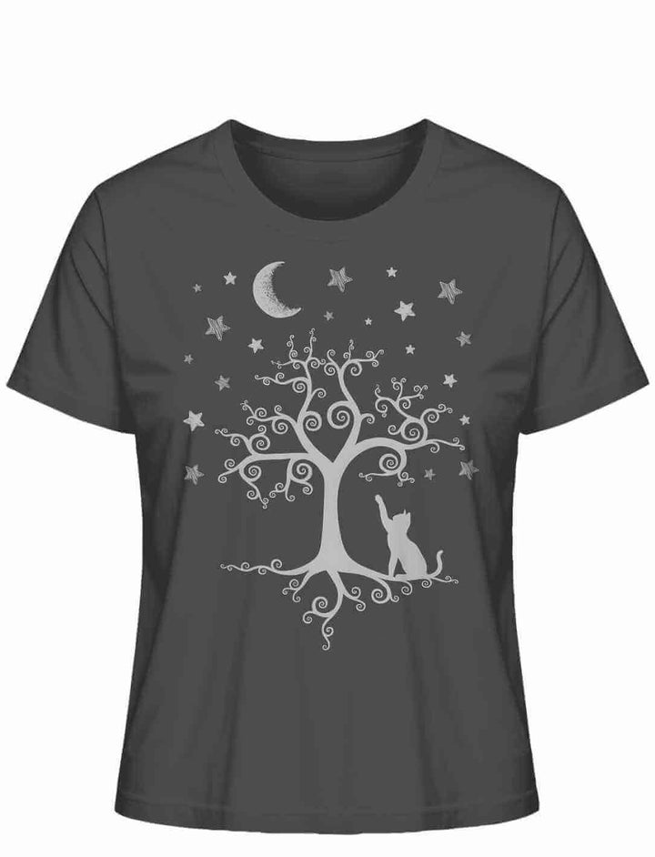 Anthrazit Damen-Shirt “Silbermondtraum” – Mystische Eleganz mit filigranem Baum-Design, ideal für alle, die den Zauber der Nacht lieben.