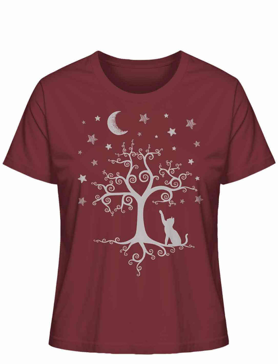 Burgunderrotes Damen-Shirt “Silbermondtraum” – Magisches Motiv mit Baum und Katze unter dem Nachthimmel, aus nachhaltigem Material gefertigt.