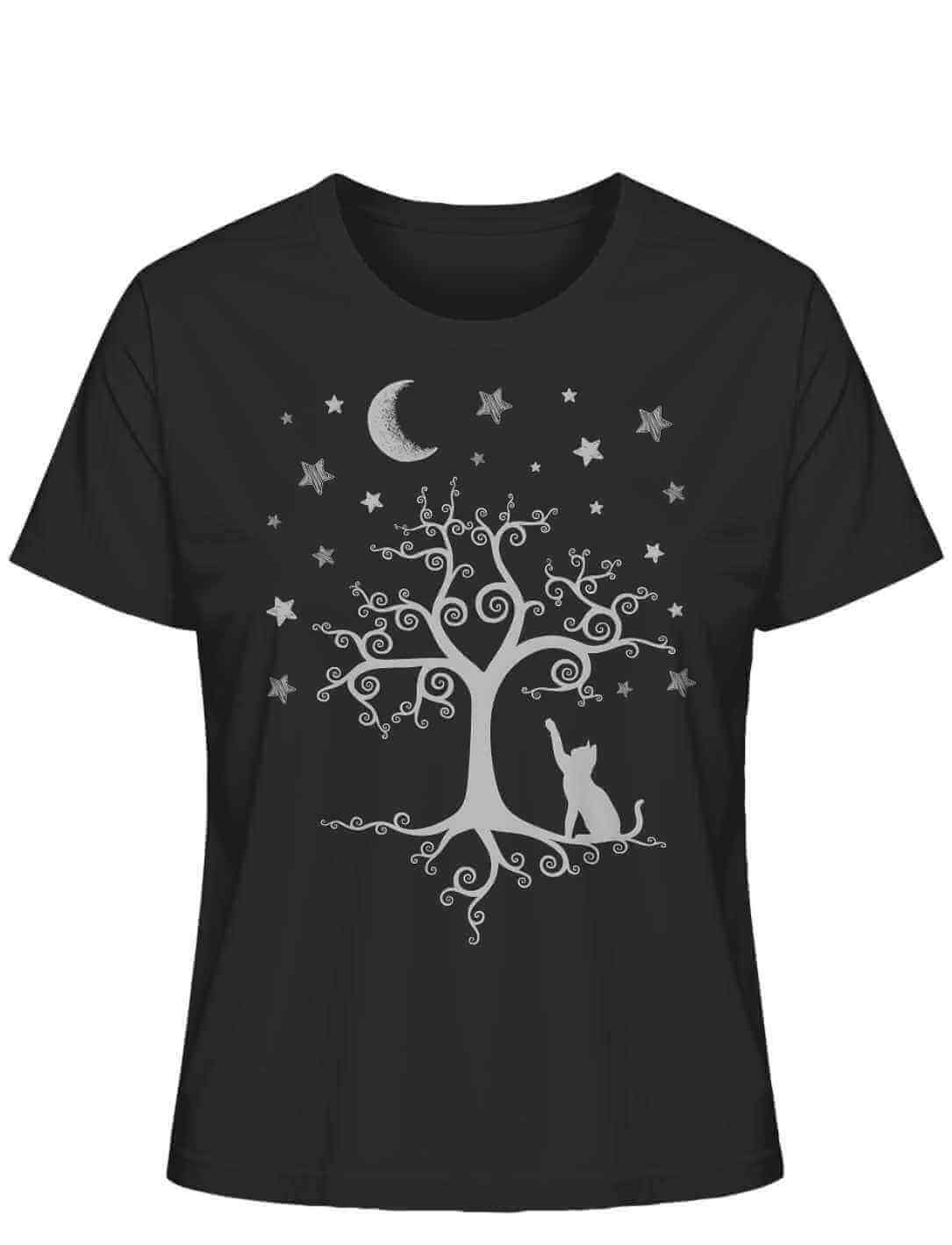 Schwarzes Damen-Shirt “Silbermondtraum” – Mystisches Design mit Lebensbaum, Katze und silbernem Mond, inspiriert von Legenden. Nachhaltige Bio-Baumwolle