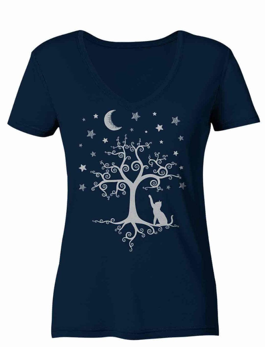 Silbermondtraum – Damen V-Neck Shirt in Navy mit fantasievollem Design aus Lebensbaum, funkelnden Sternen und geheimnisvoller Katze.