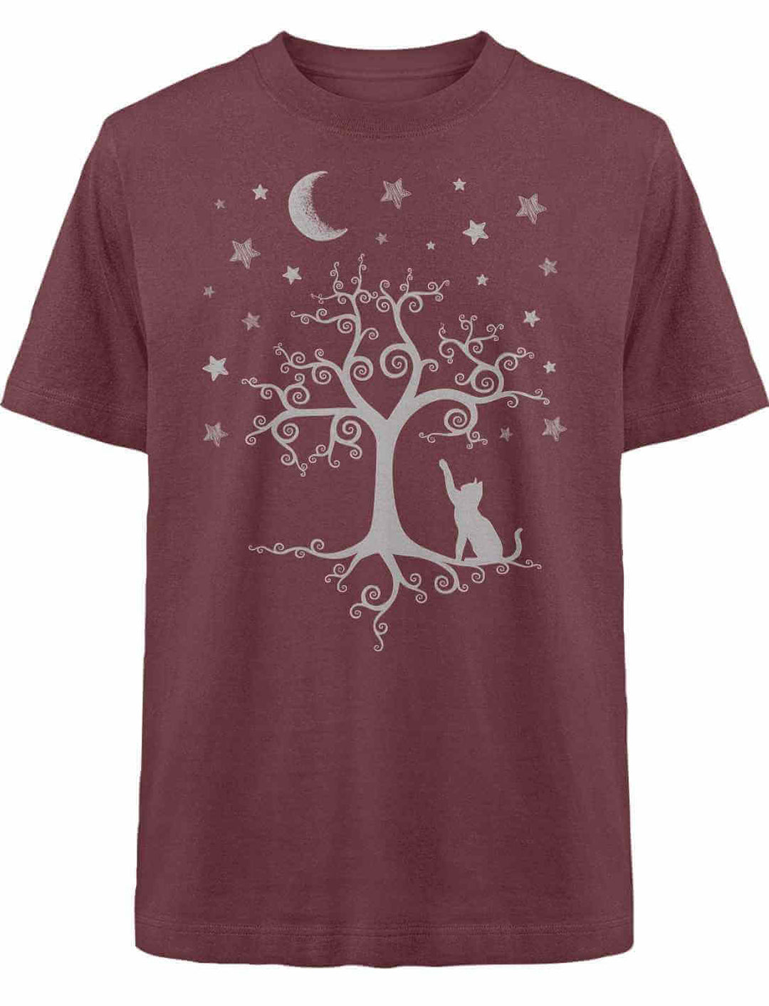 Silbermondtraum Oversized T-Shirt in Burgund – Verzauberndes Motiv mit Lebensbaum, Katze und Sternenhimmel, inspiriert von alten Legenden.