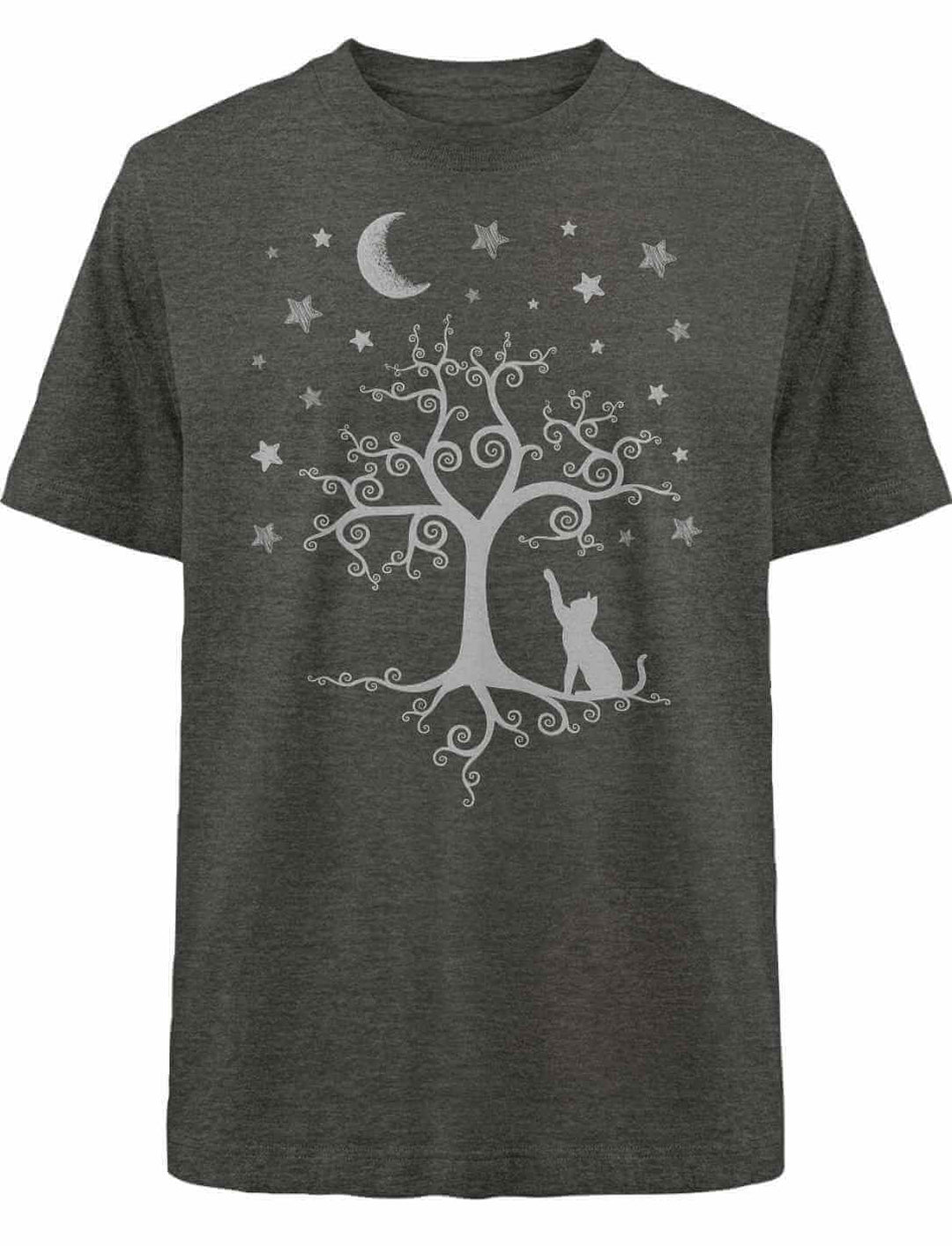 Silbermondtraum Oversized T-Shirt in Dark Heather Grey – Stilvolle Interpretation eines mythischen Designs mit Katze und Sternenhimmel.