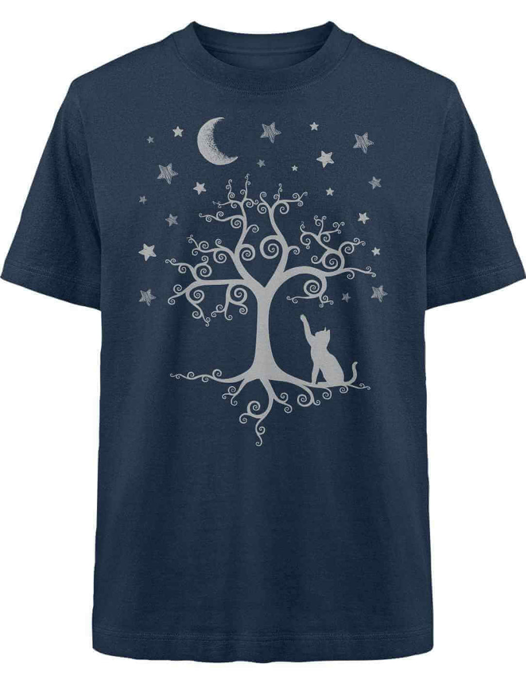 Silbermondtraum Oversized T-Shirt in French Navy – Mystische Nachtstimmung mit Lebensbaum, Katze und silbernem Mond.