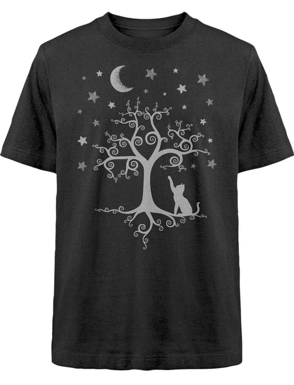 Silbermondtraum Oversized T-Shirt in Schwarz – Mystisches Design mit Lebensbaum, Katze und Mond, inspiriert von der Magie der Nacht.