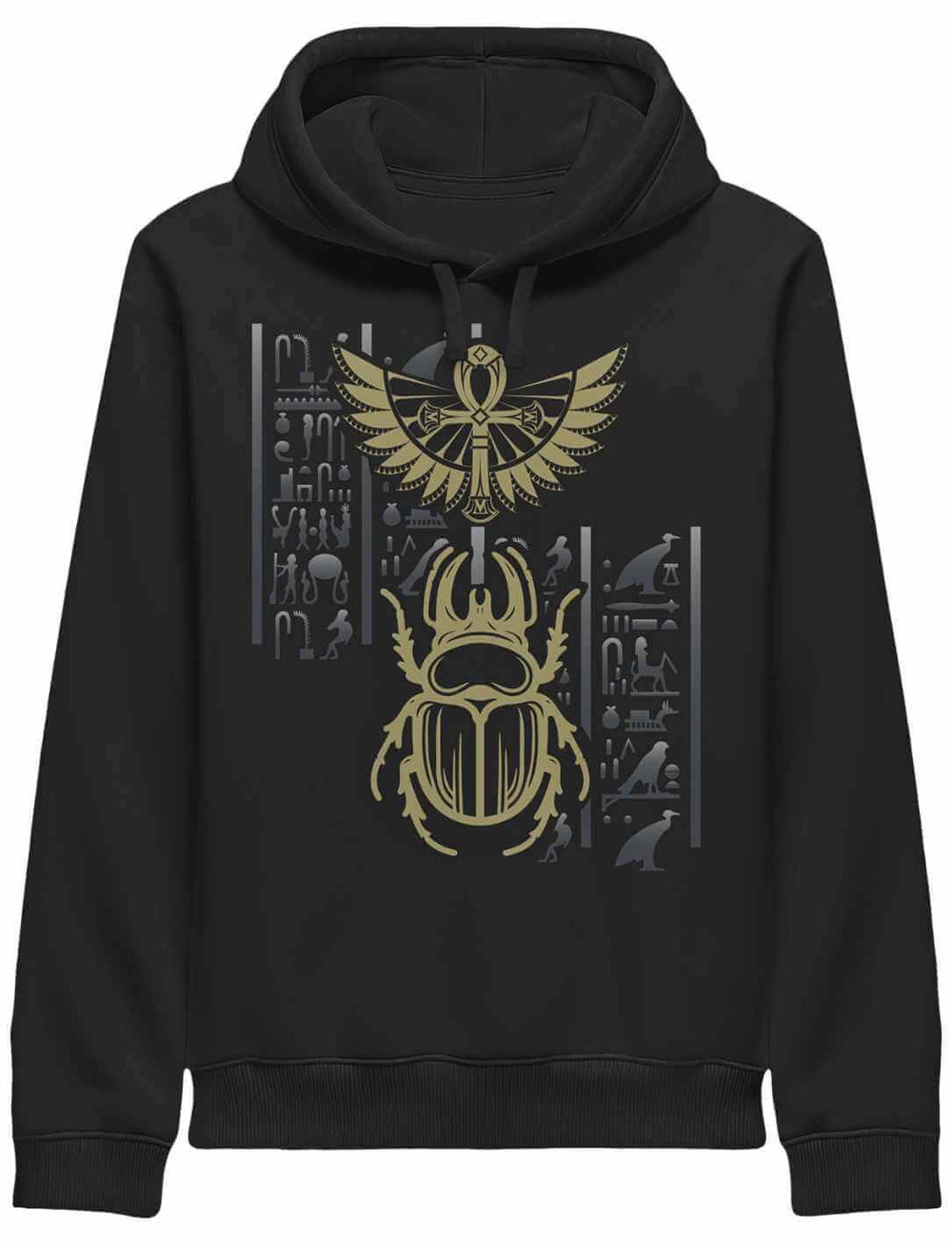 Unisex Hoodie in Schwarz mit goldfarbenem Skarabäus und ägyptischen Hieroglyphen – Runental Design