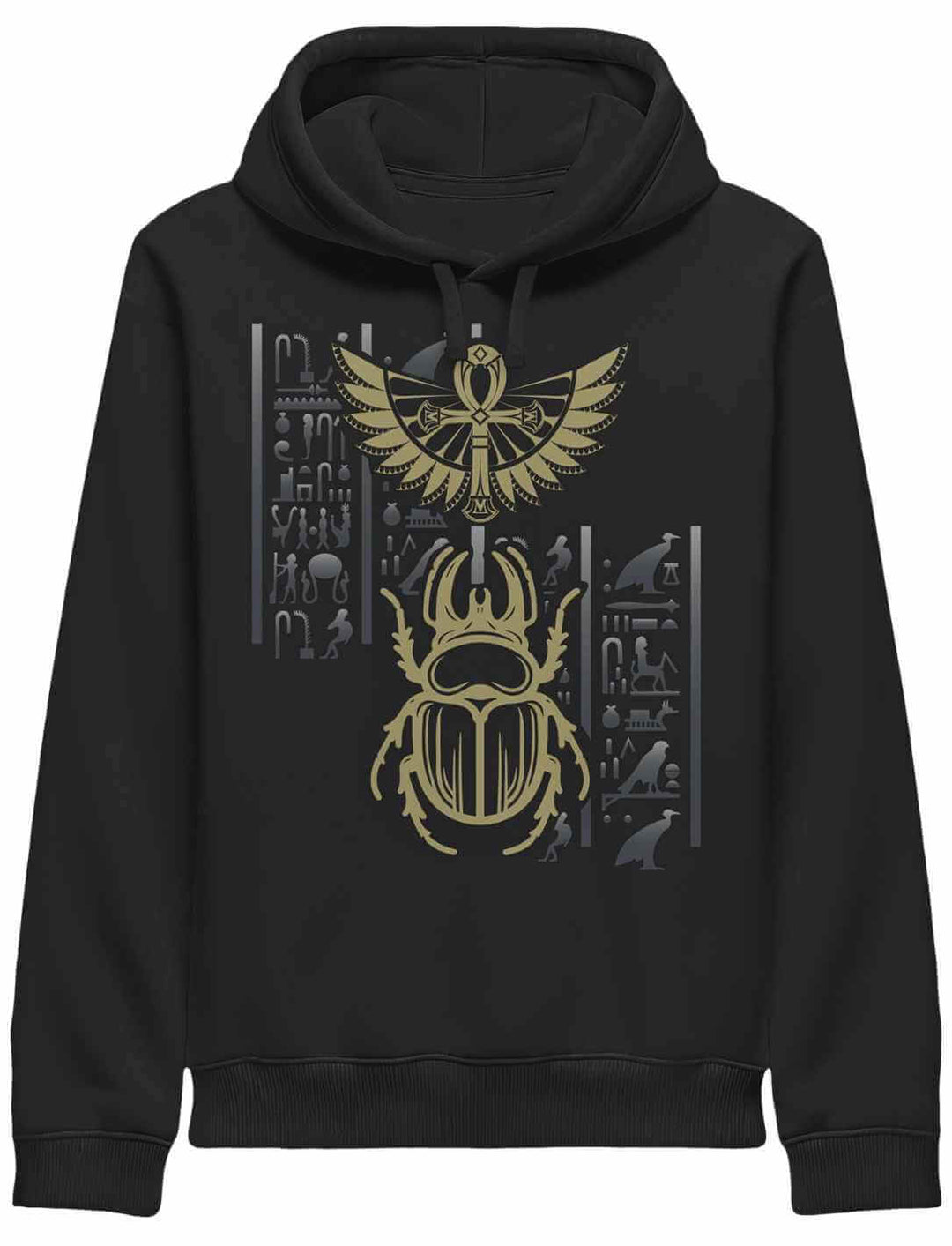 Unisex Hoodie in Schwarz mit goldfarbenem Skarabäus und ägyptischen Hieroglyphen – Runental Design