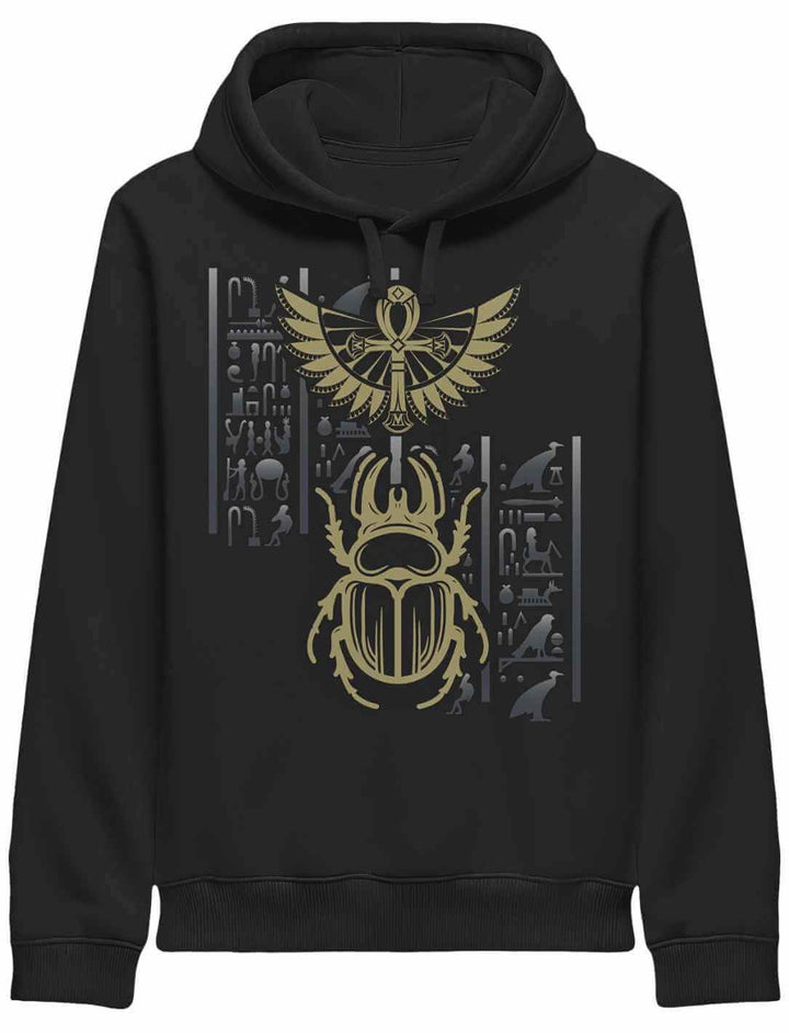 Unisex Hoodie in Schwarz mit goldfarbenem Skarabäus und ägyptischen Hieroglyphen – Runental Design
