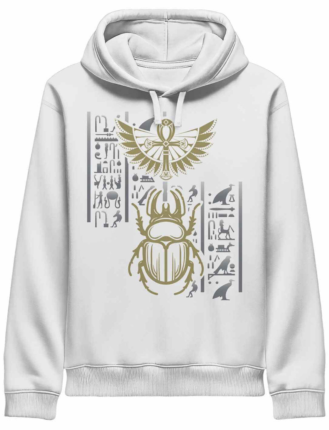 Weißer Unisex Bio-Hoodie mit ägyptischem Skarabäus und Flügelmotiv in Gold – mystisch & stilvoll