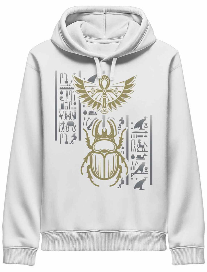 Weißer Unisex Bio-Hoodie mit ägyptischem Skarabäus und Flügelmotiv in Gold – mystisch & stilvoll